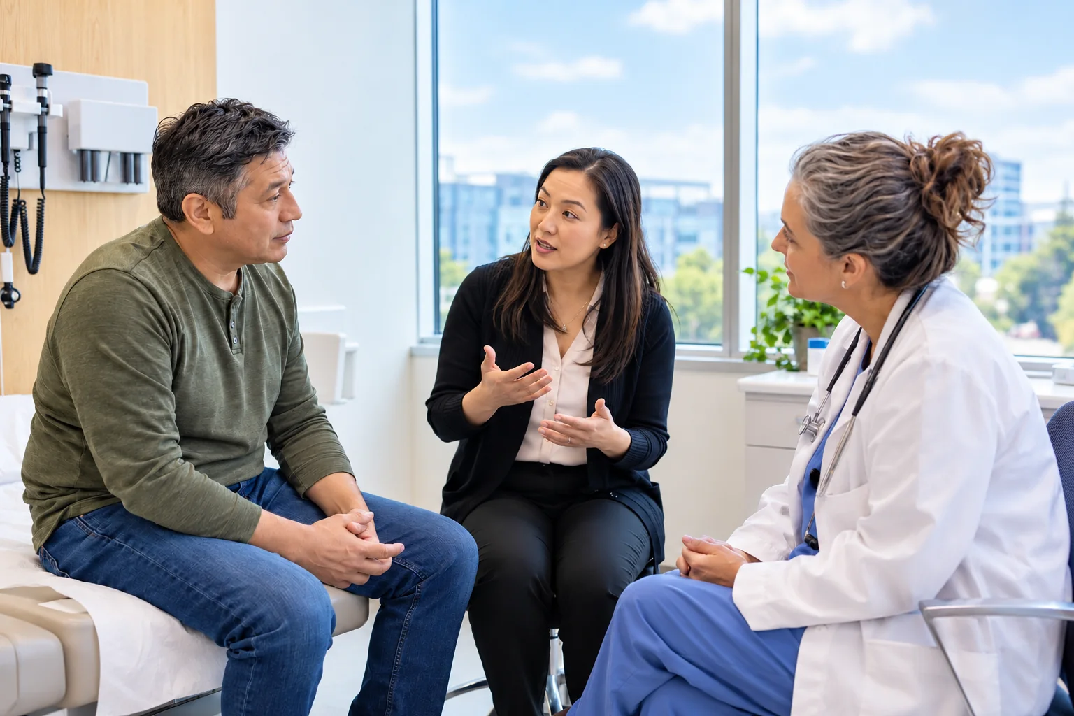 A professional interpreter helping an adult patient and physician communicate in a hospital consultation room
