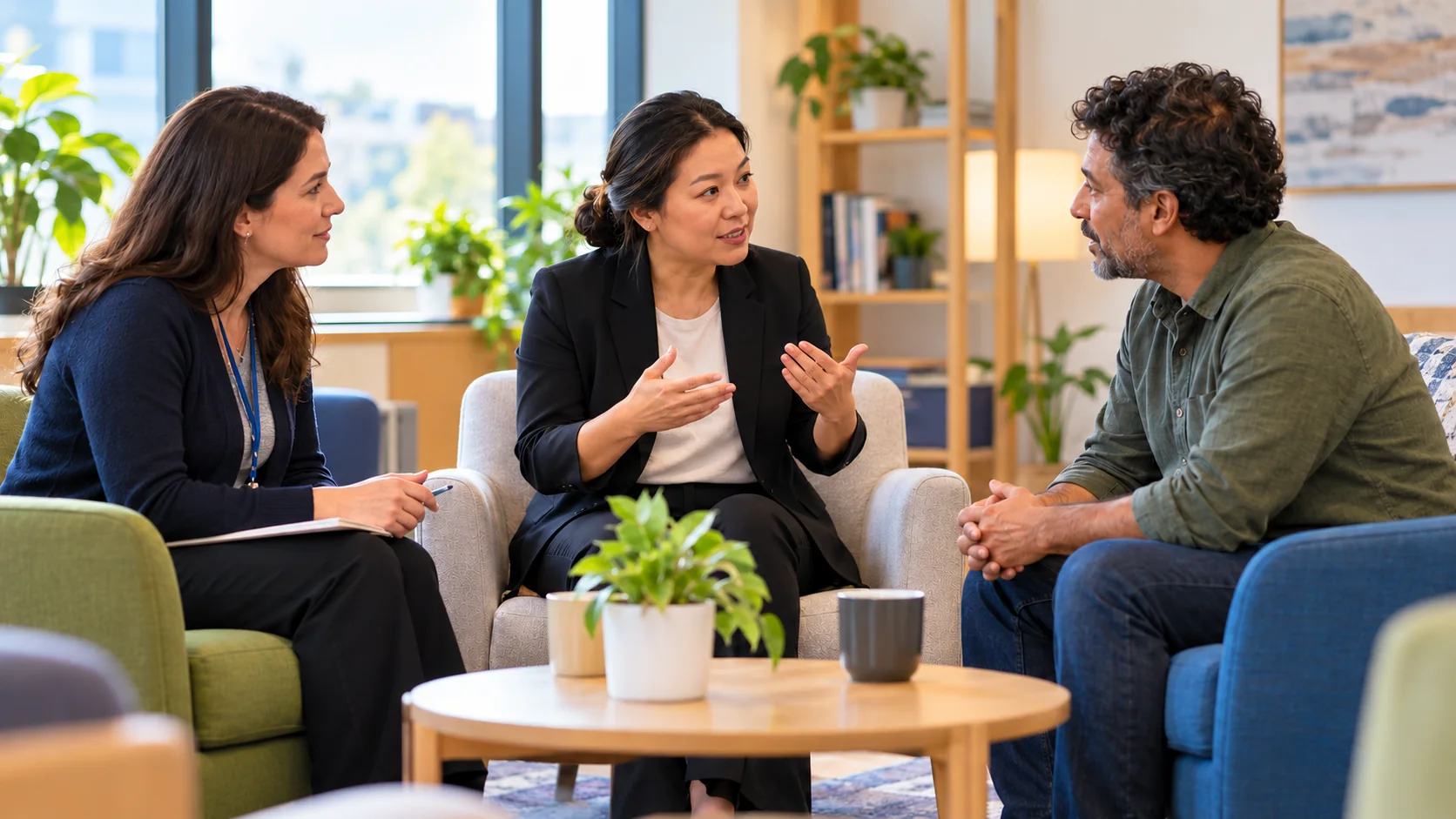 A professional interpreter supporting a conversation between an adult client and social worker