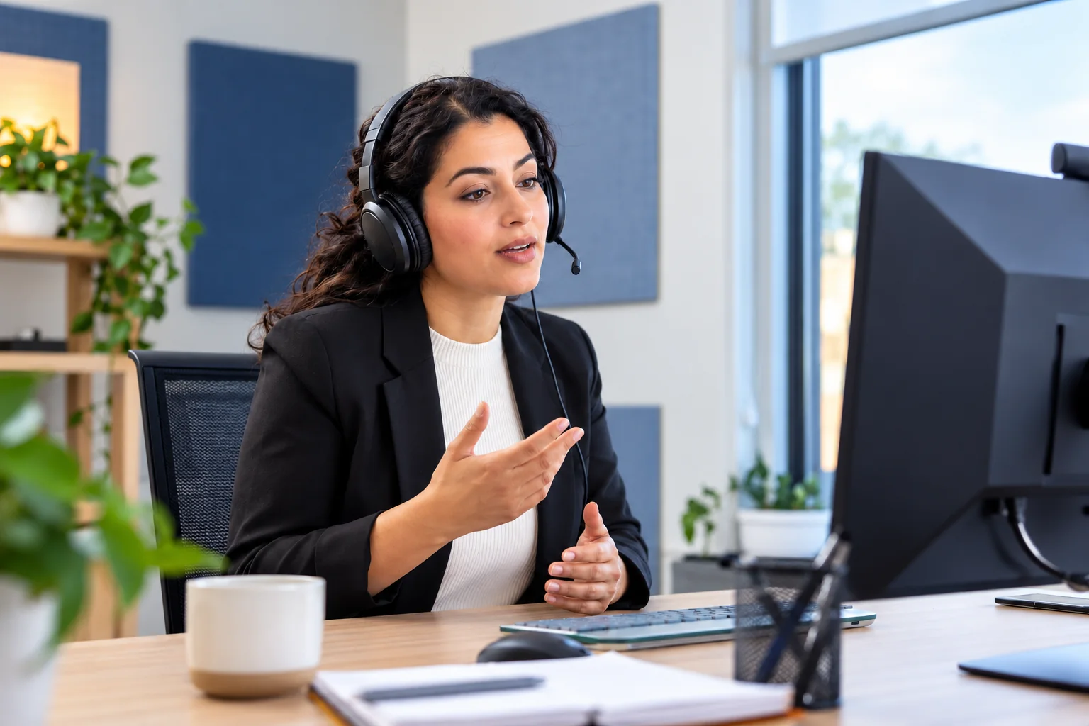 A professional adult telephone interpreter working with a headset and boom microphone