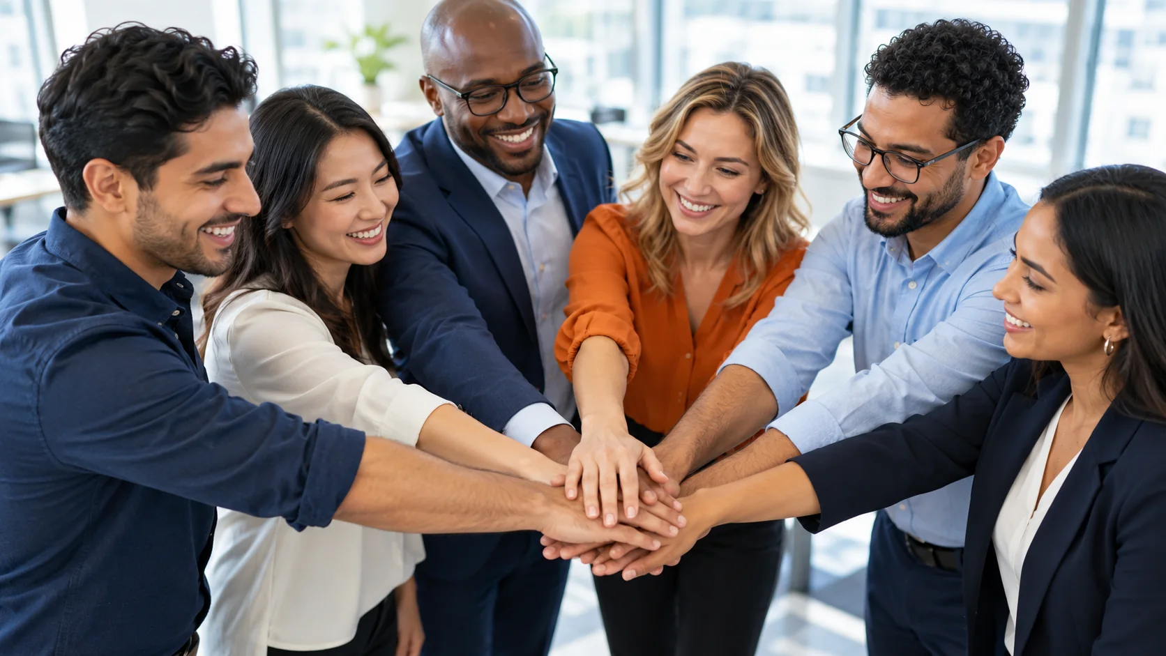 A diverse team of adult language professionals bringing their hands together